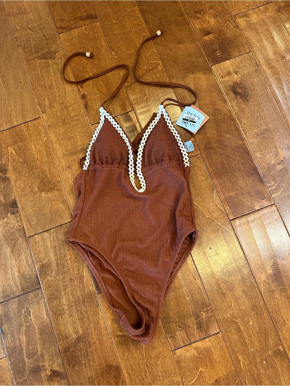 Women’s Brown One-Piece Swimsuit with White Trim